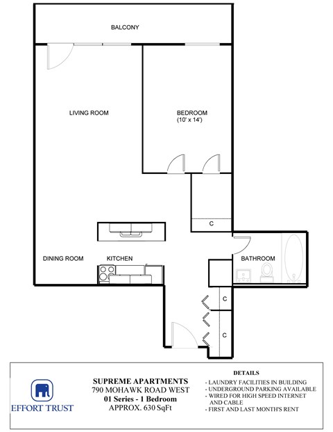 Floor plan for 1 bed, 1 bath, 600 sqft